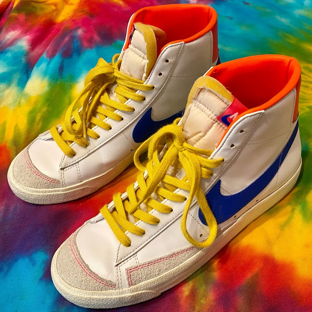 Nike High-Top Blazer Mid ‘77 Athletic Shoes - White, Blue, Pink & Yellow Laces